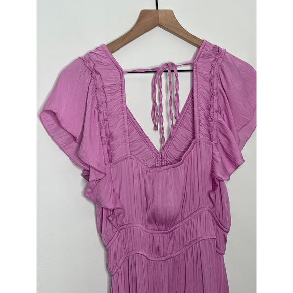 Joie Satin Midi Dress Purple Smocked Ruffle V Neck Womens Medium - Picture 7 of 8